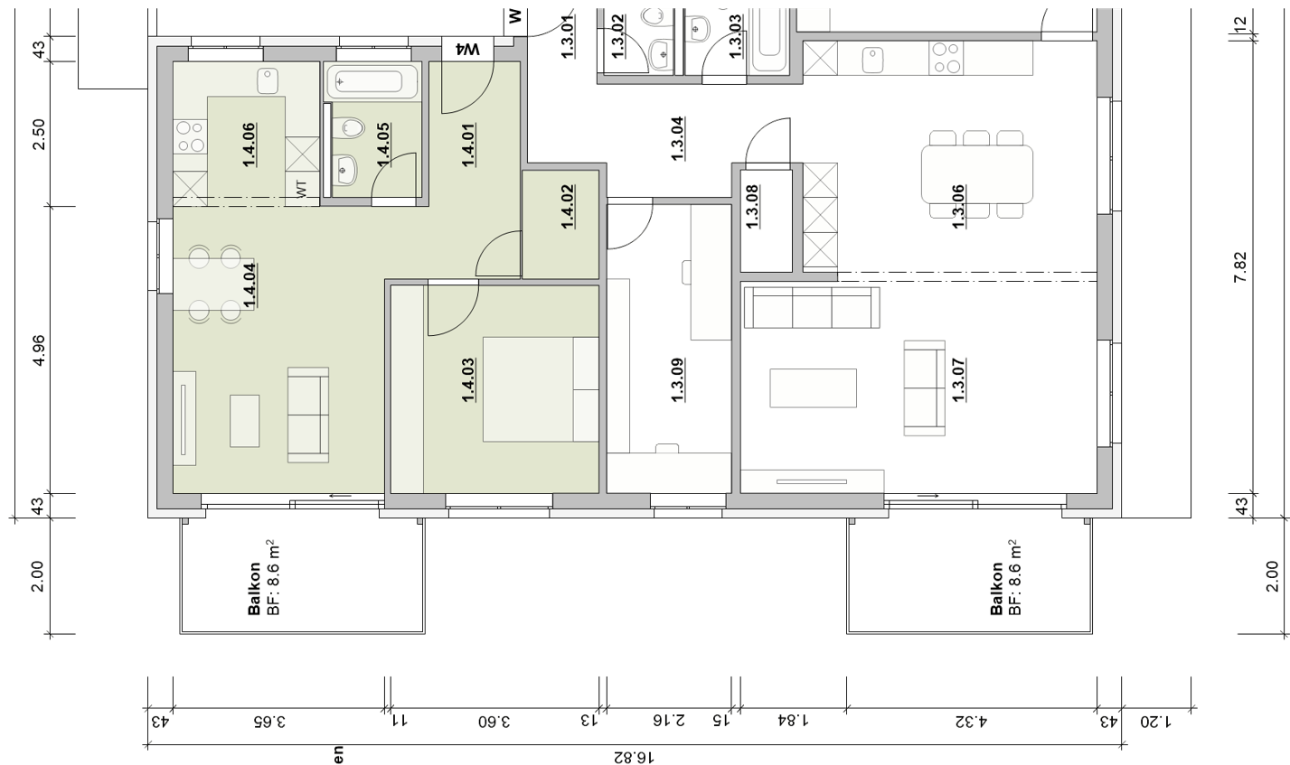 Grundriss 2-Zimmer-Wohnung, 50.8 m², Poststrasse 1 Obfelden