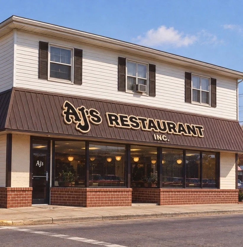 Front view of AJ's Restaurant, a two-story building with white siding, black shutters, and large windows, with a brown awning displaying the restaurant's name in bold letters.