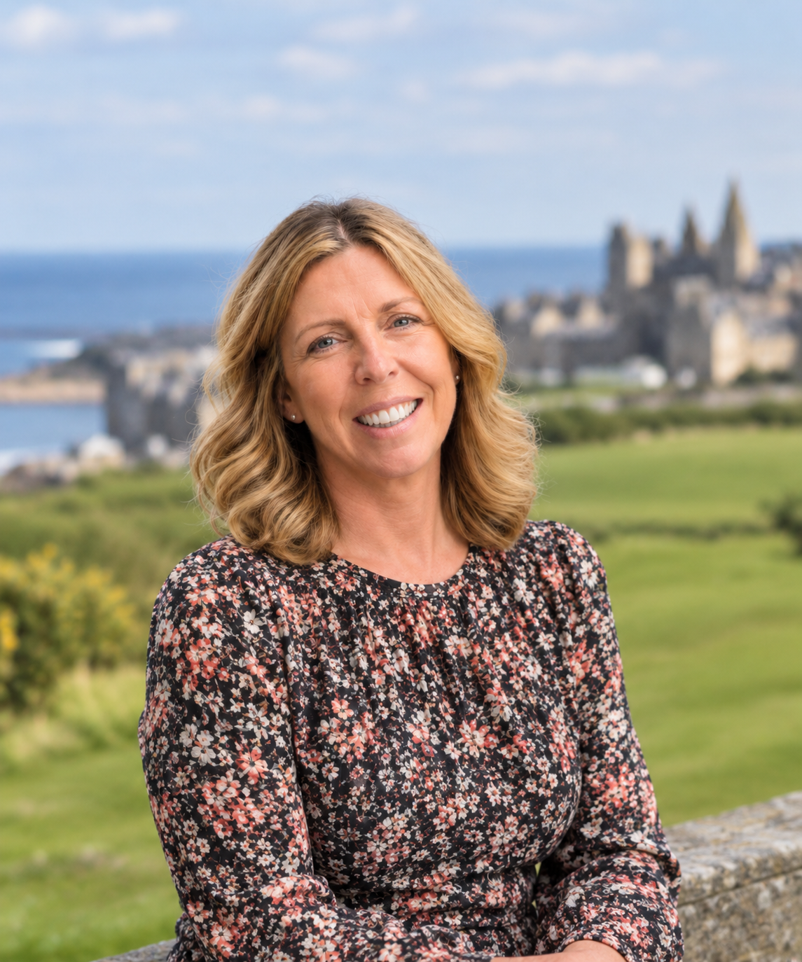 A woman with shoulder-length wavy blond hair smiling outdoors, with a castle and ocean in the background.