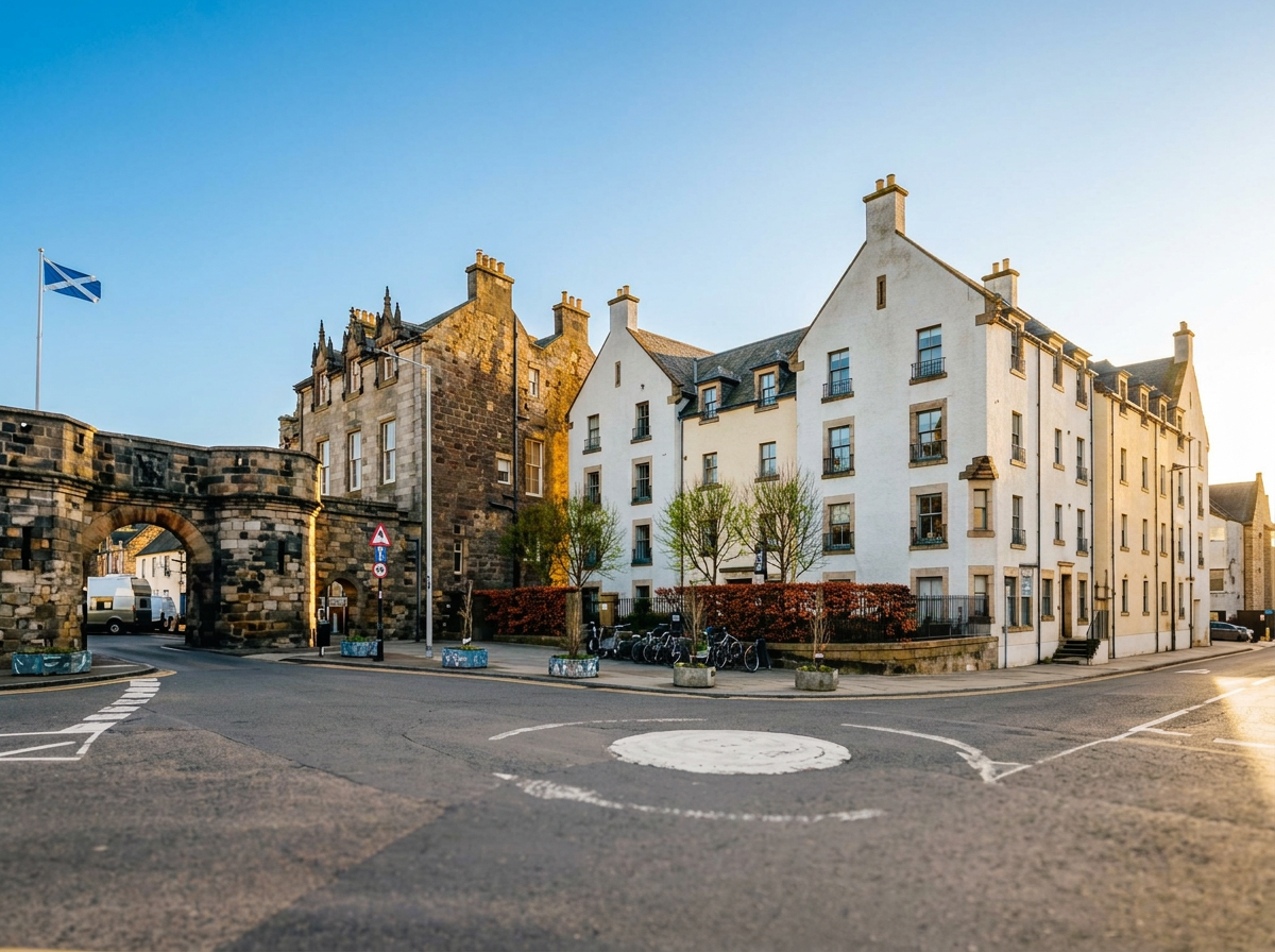 Scene of a small roundabout with white painted markings, in front of a historic stone and white residential building with multiple stories and a clock tower, under a clear blue sky during daylight.