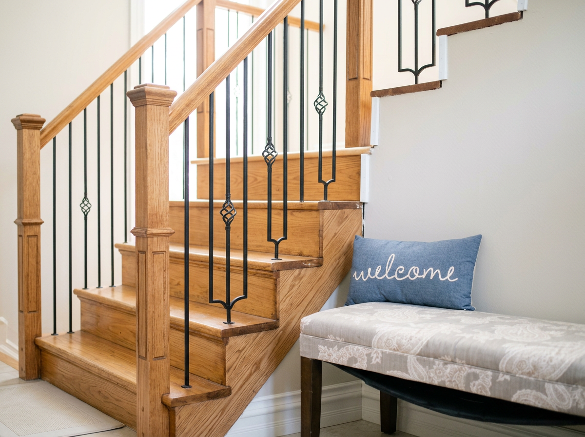 Interior of a home showing a wooden staircase with black metal railings, and a cushioned entry bench with a decorative pillow that says "welcome" in cursive writing.
