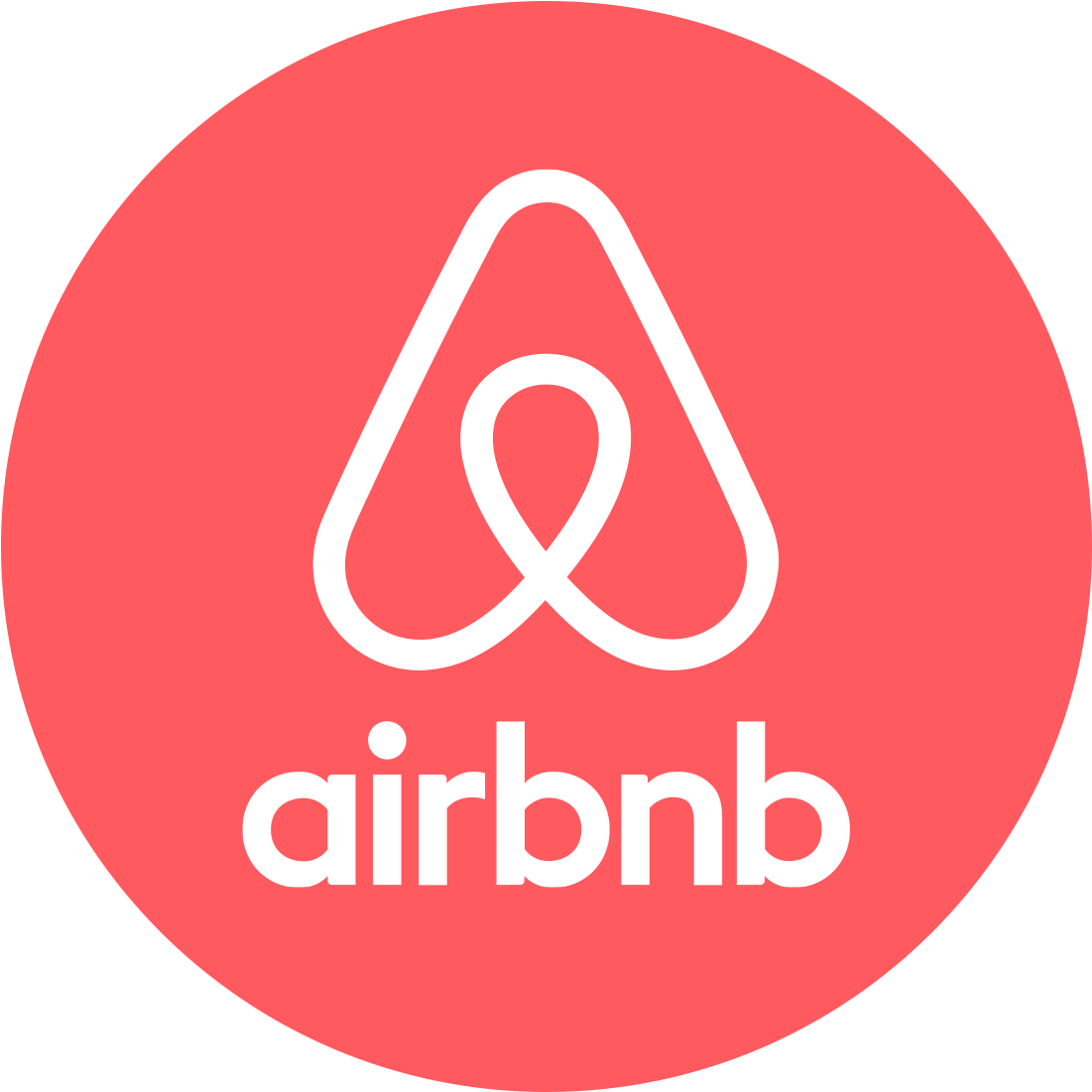 Airbnb logo, a white stylized 'A' shaped like a heart, on a red circle background with the word 'airbnb' below.