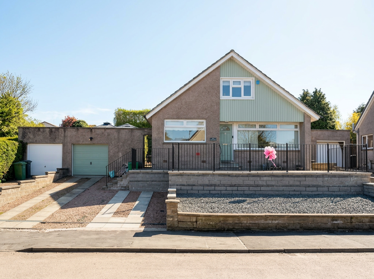 Front view of a house with a small front porch, black metal railing, and a pink flower decoration. Two garage doors are on the left, and the house has a gable roof with light green siding on the upper section.