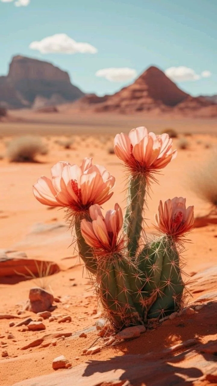 A cactus with pink flowers in a desert landscape with rock formations in the background and a blue sky with scattered clouds.