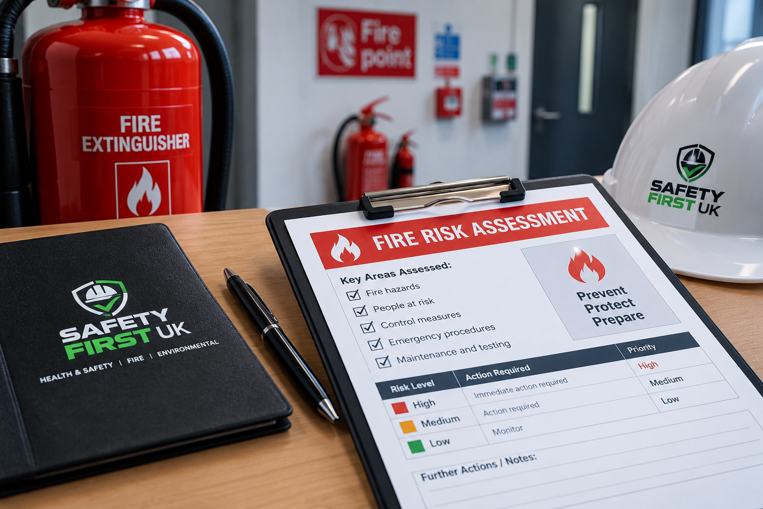 A fire risk assessment document on a clipboard, a safety manual, a pen, a white safety helmet, and fire extinguishers in the background.