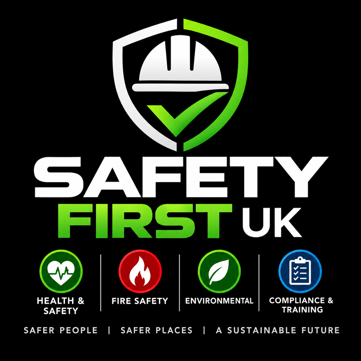 A safety awareness graphic with a shield and helmet icon, and the text 'Safety First UK'. Four icons below represent health and safety, fire safety, environmental, and compliance and training, with slogans 'Safer People', 'Safer Places', 'A Sustainable Future'.