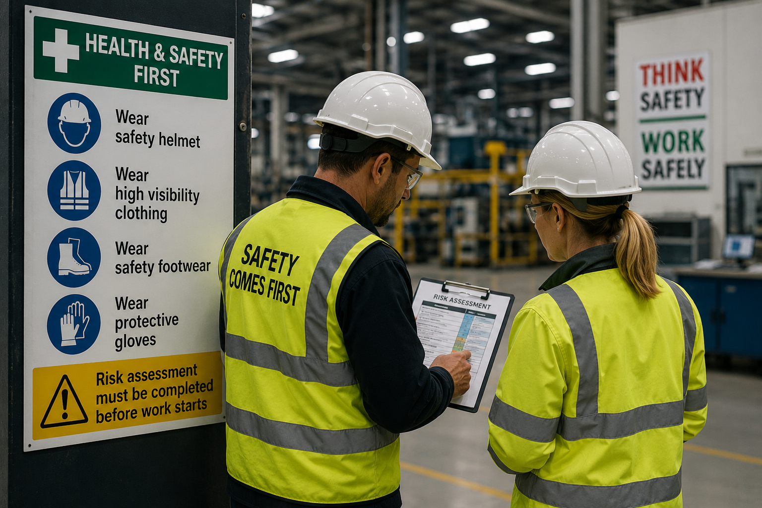 Two workers in yellow safety vests and white helmets reviewing a risk assessment clipboard in an industrial warehouse.