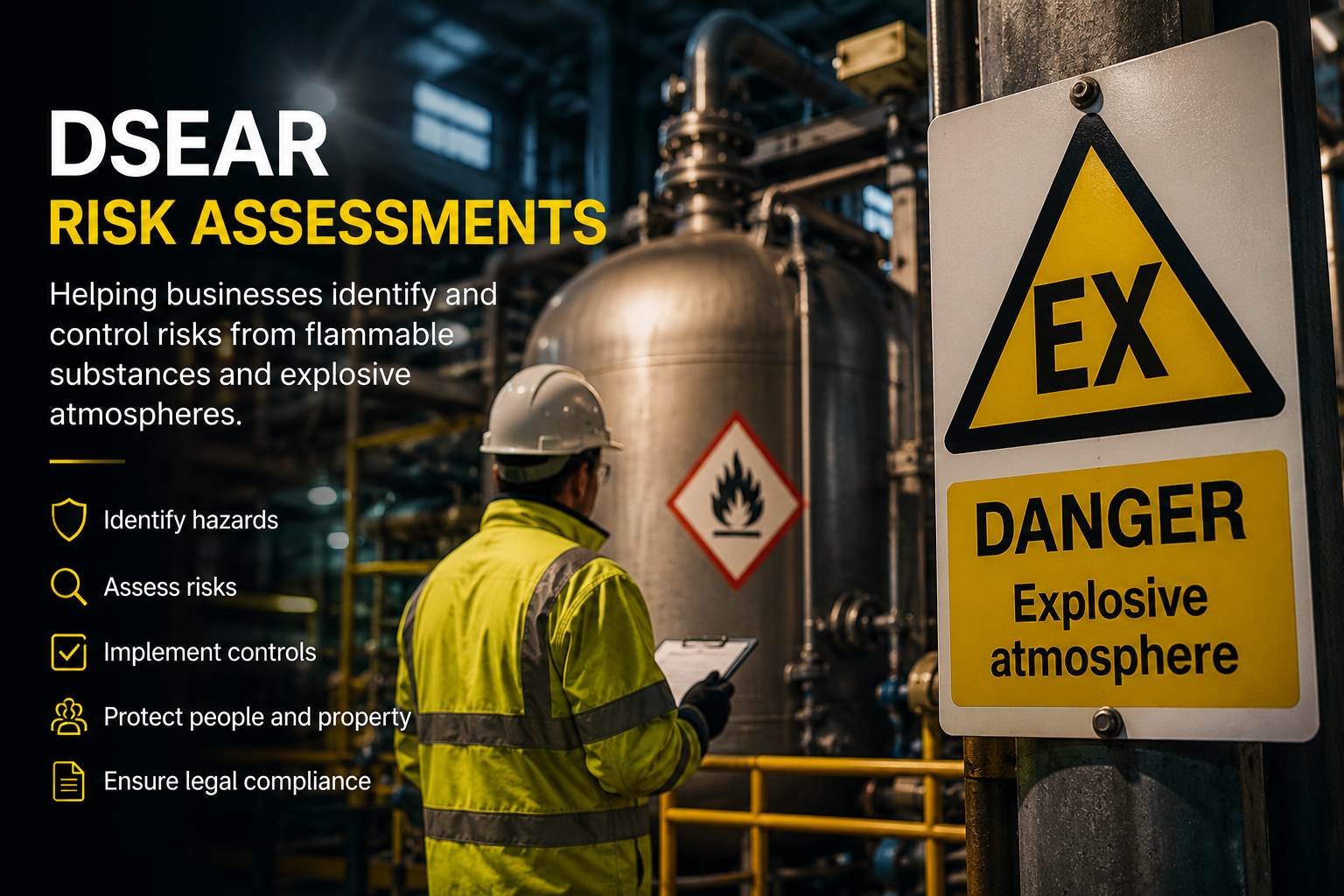 Industrial worker wearing safety gear inspects equipment in a facility with a caution sign that reads "DANGER Explosive atmosphere."