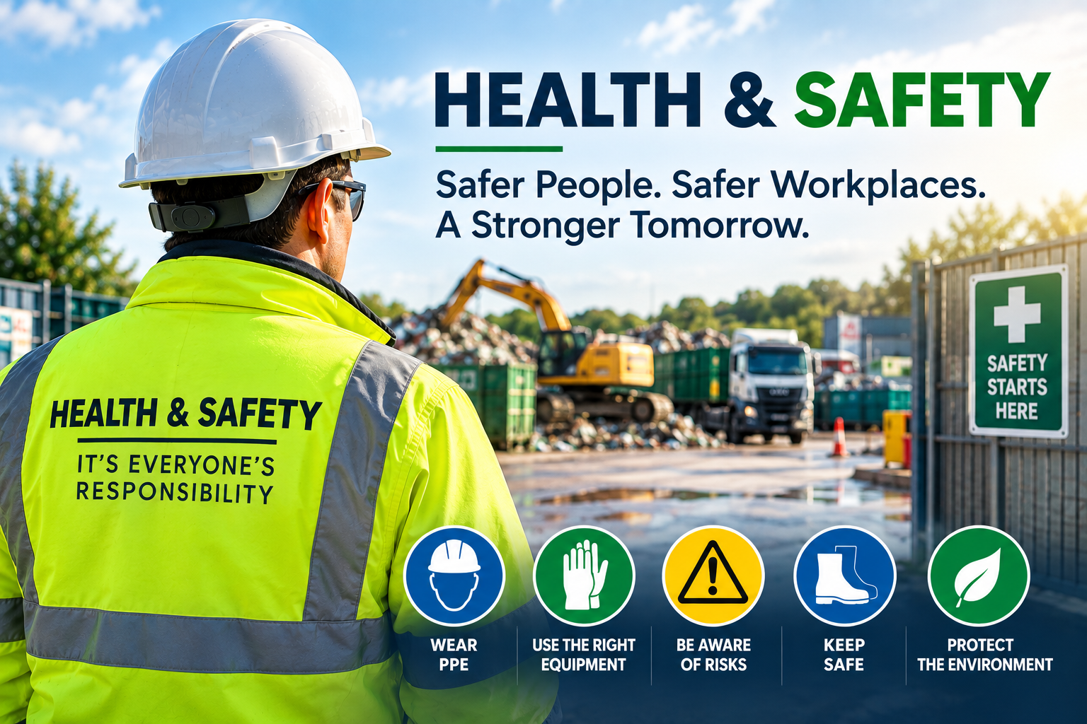 A construction worker in a yellow safety vest and white helmet standing at a work site with machinery and trucks in the background.