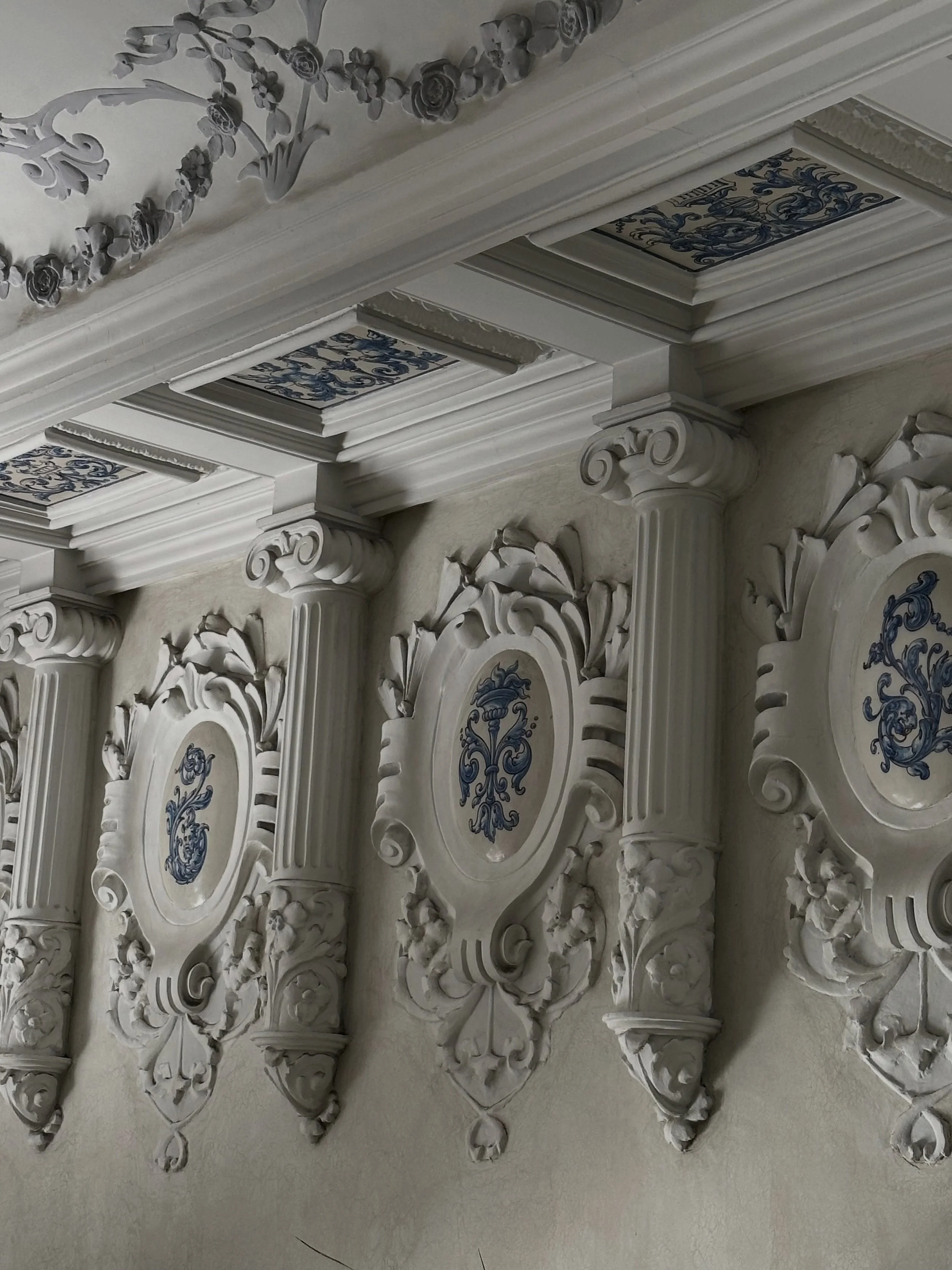 Colors of the day are blue and white architectural moldings at the Urso Hotel in Madrid.  #interiordesign #luxurylifestyle #designerdayoff #designerdeb #finelines