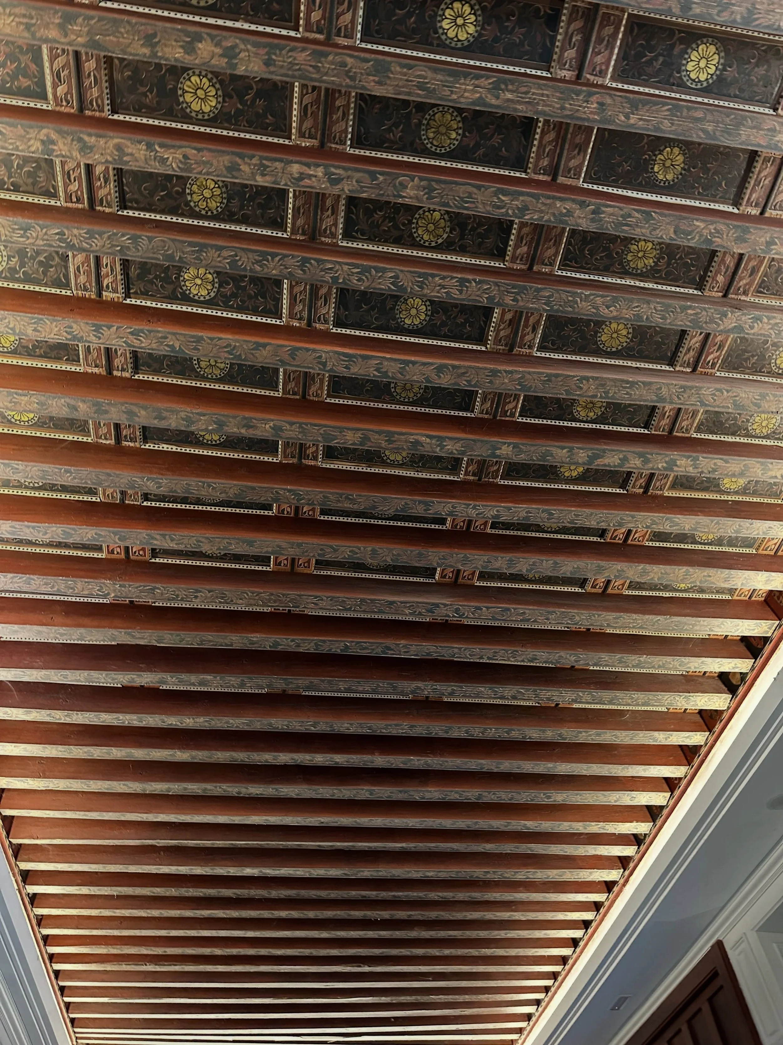 Ceiling of the day at Hotel Eugenia de Montijo in Toledo is made of wood and beautifully carved.  #spanisharchitecture #ceilingdetails #luxuryliving #designerdeb #finelines