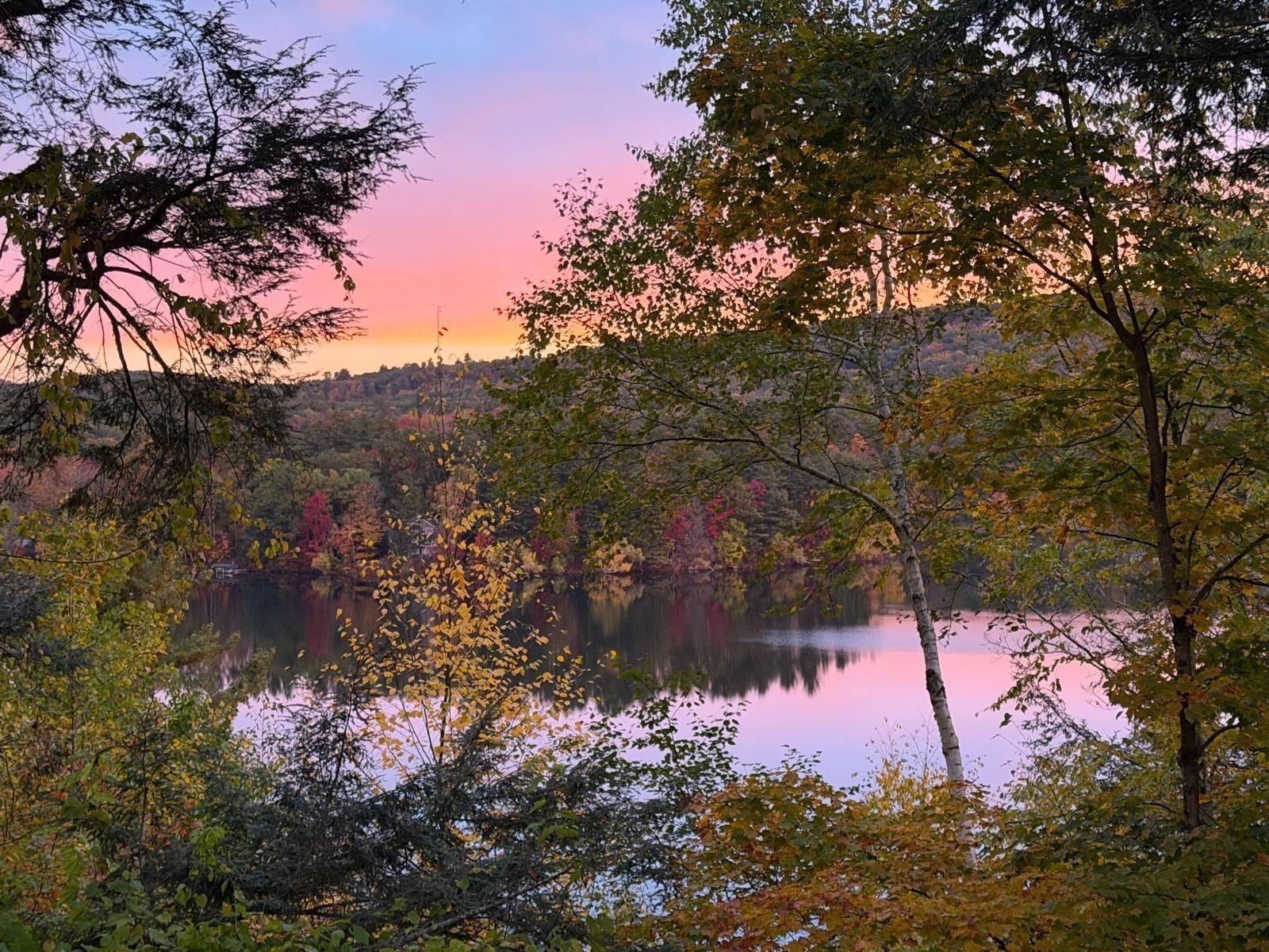 Colors of the day are pink with blue sky and fall colored leaves.  Our lake view never disappoints.  Photo by friend Cara.  #lakelover #shakeandlake #fallscape #designerdeb