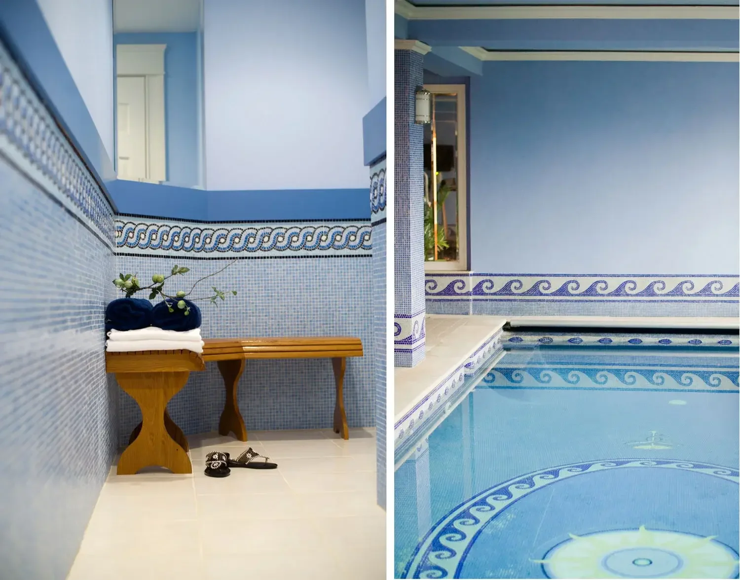 Side-by-side images of indoor pools with blue mosaic tiles. The left image shows a corner with a small wooden bench, a towel, slippers, and decorative plants. The right image displays a section of a pool with decorative blue tile patterns along the w