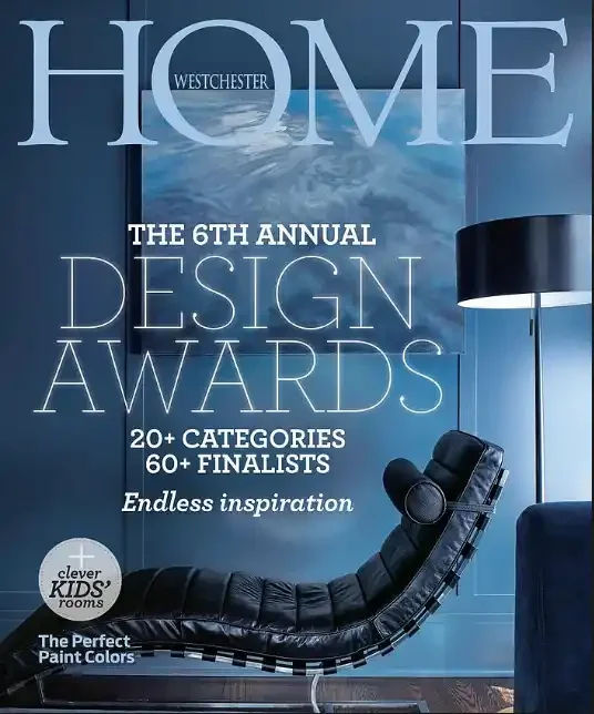 Cover of Westchester Home magazine featuring the 6th Annual Design Awards with a modern black lounge chair, a blue wall, and a floor lamp