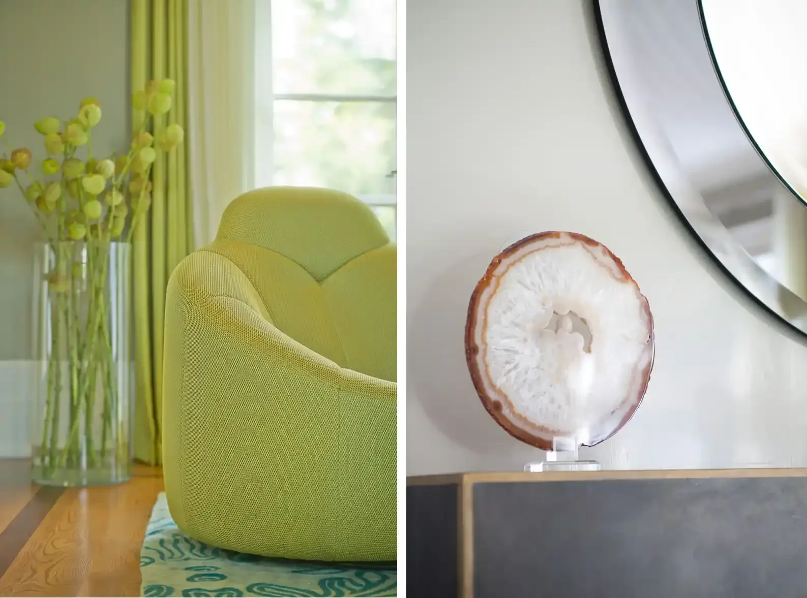 Side-by-side images of interior decor: on the left, a green armchair next to a glass vase with yellow flowers, a window with green curtains, and sunlight streaming in; on the right, a white surface with a decorative sliced geode and a round mirror wi