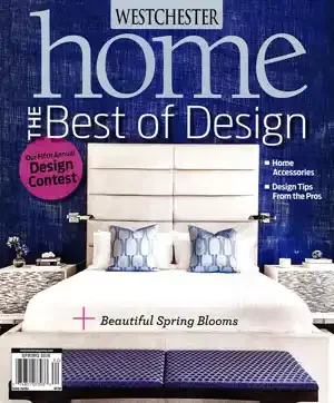 Cover of Westchester Home magazine titled "The Best of Design" featuring a modern bedroom with a white bed, blue accent pillows, and a purple bench at the foot of the bed.