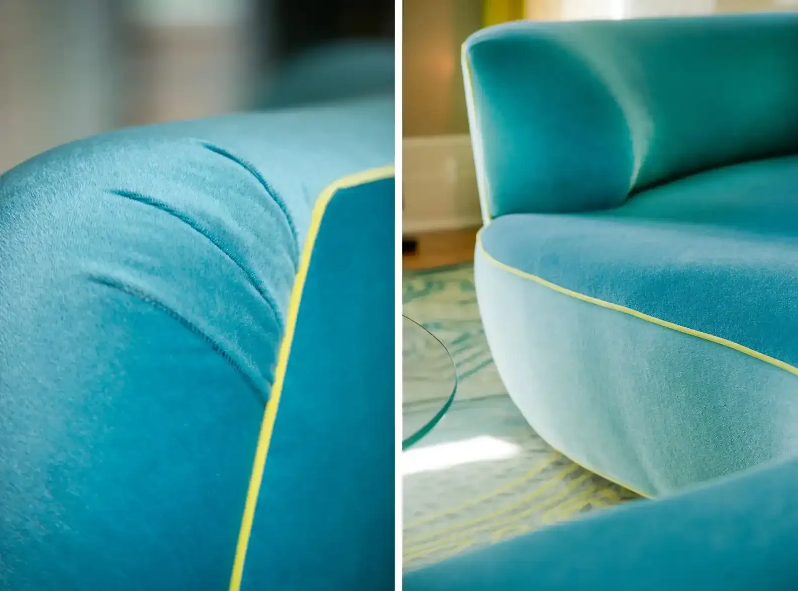 A split image showing a close-up of a blue velvet armrest on a sofa on the left, and the side profile of a blue velvet curved sofa on the right.