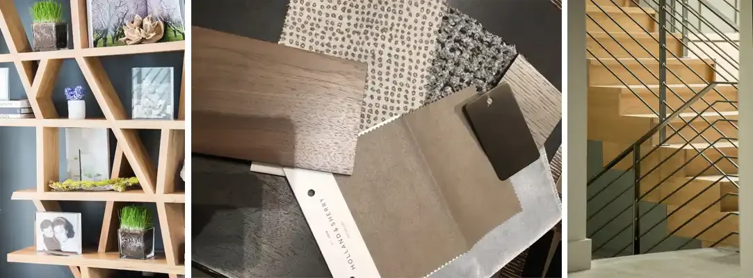 Three images: first shows a wooden shelf with decorative items and plants, second displays various sample material and color swatches for interior design, third features a staircase with wooden treads and black metal railing.