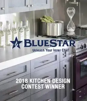Kitchen countertop with bottles, a pot, and an hourglass, featuring a grand prize banner for the 2018 Kitchen Design Contest won by Bluestar.