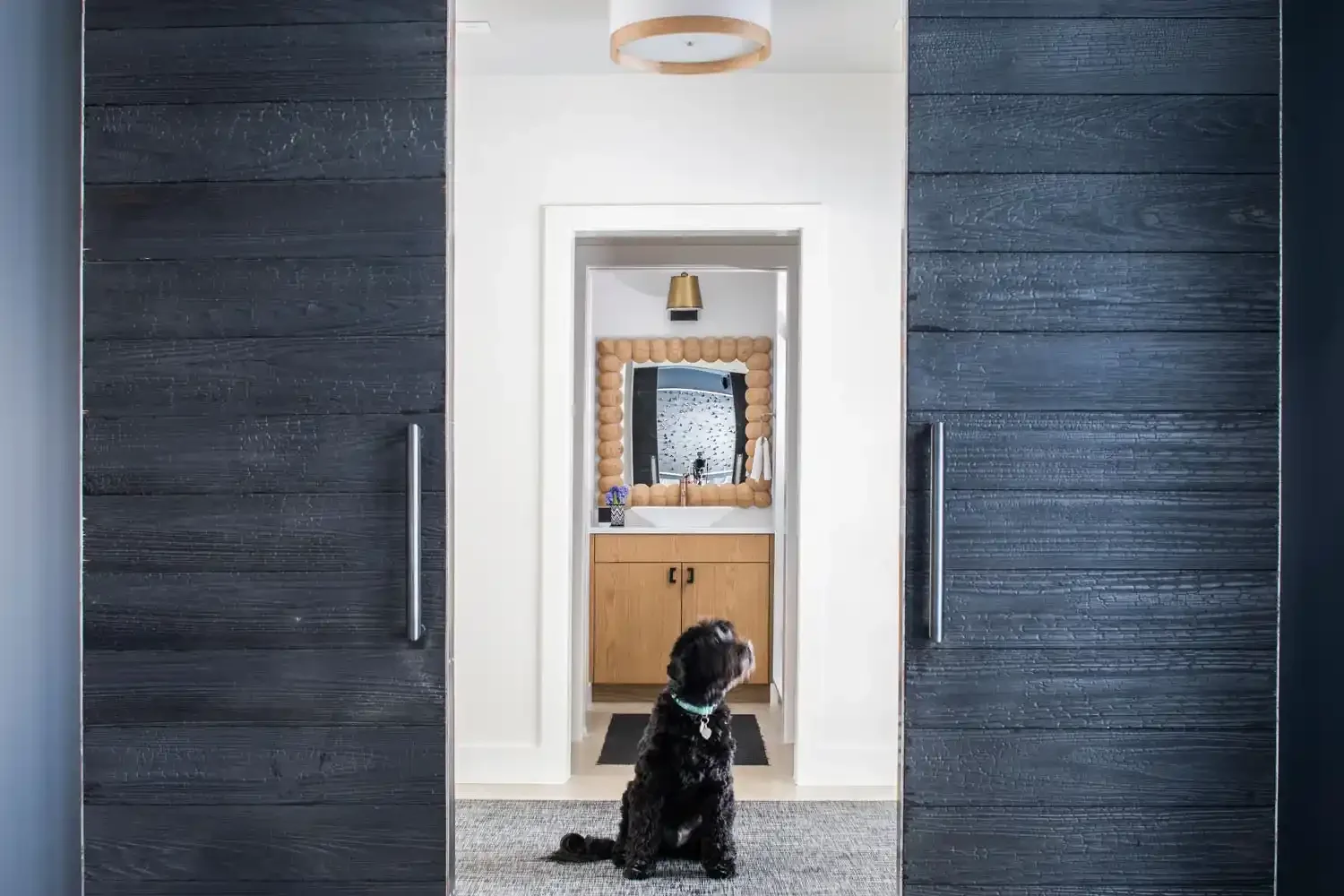 A black dog sitting on a beige floor mat inside a hallway, looking up at a mirror with a light wood frame. The mirror is on a white wall, above a light wood cabinet. The hallway has black wooden sliding doors with long handles on both sides.