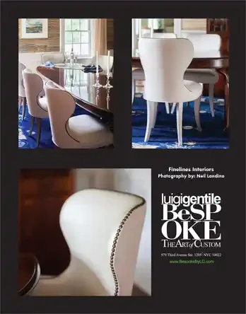 Image collage of dining room furniture and interior decor, including chairs and a dining table, with a promotional section for Finelines Interiors and a logo for luiggientile BeSPoke, featuring contact information and website.