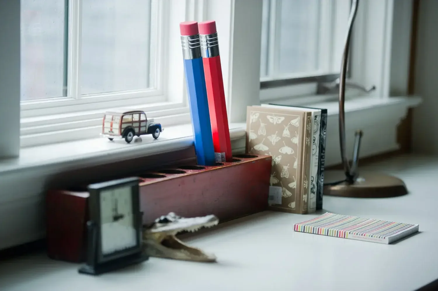 A desk with a window in the background, holding two large blue and red pencils in a wooden pen holder, three books with butterfly and bug illustrations, a closed notebook with colorful stripes, a small desk lamp, and a tiny vintage-style car model.