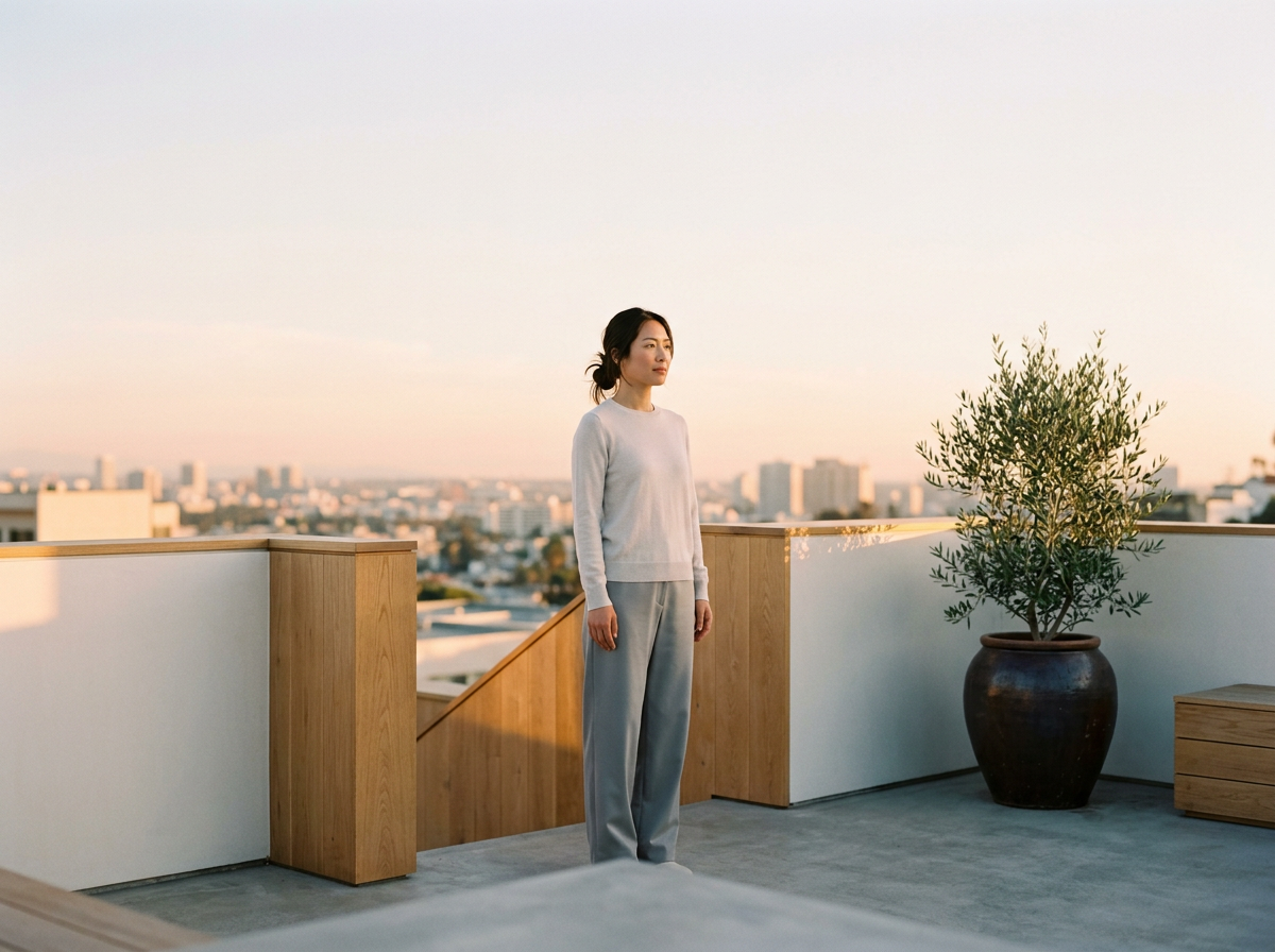 A woman standing on a rooftop balcony overlooking a cityscape at sunset, with a potted plant nearby.