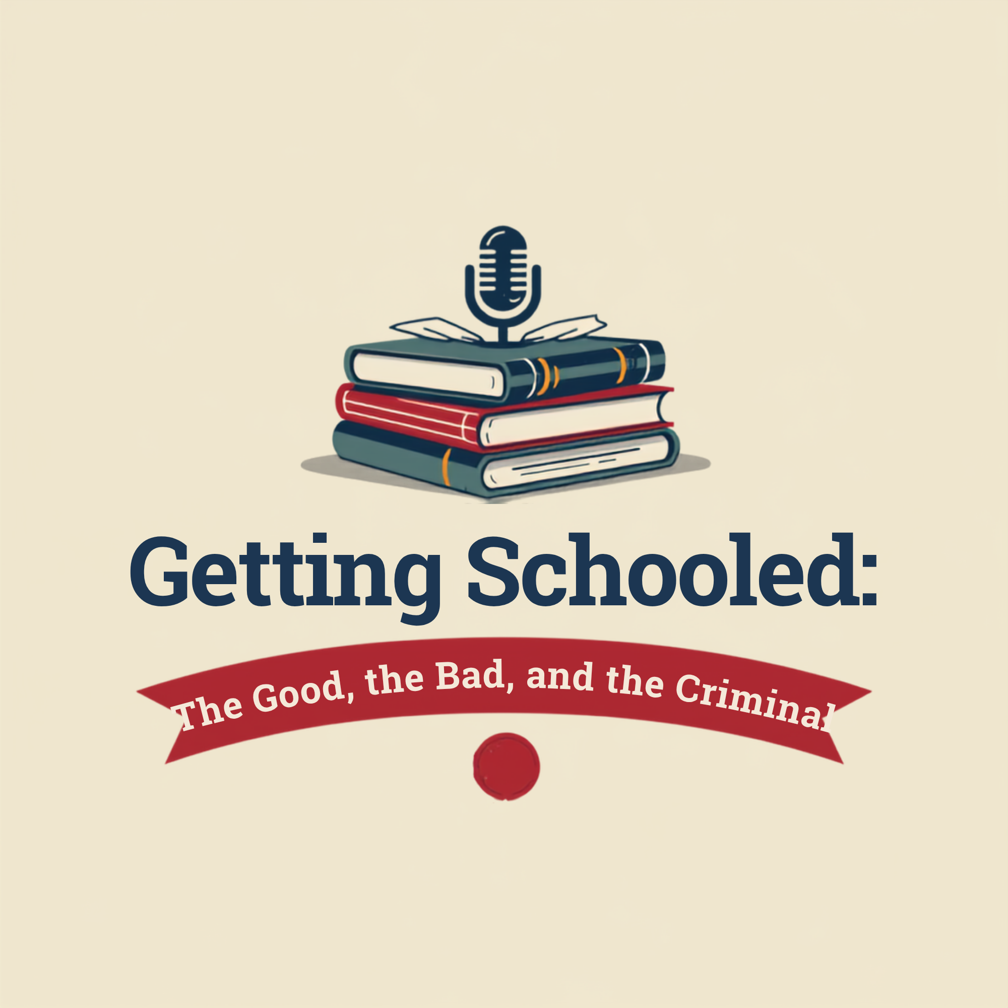 Stack of books with a microphone on top, part of the book title reads 'Getting Schoold' and the subtitle mentions 'Good, the Bad, and the Criminal.'