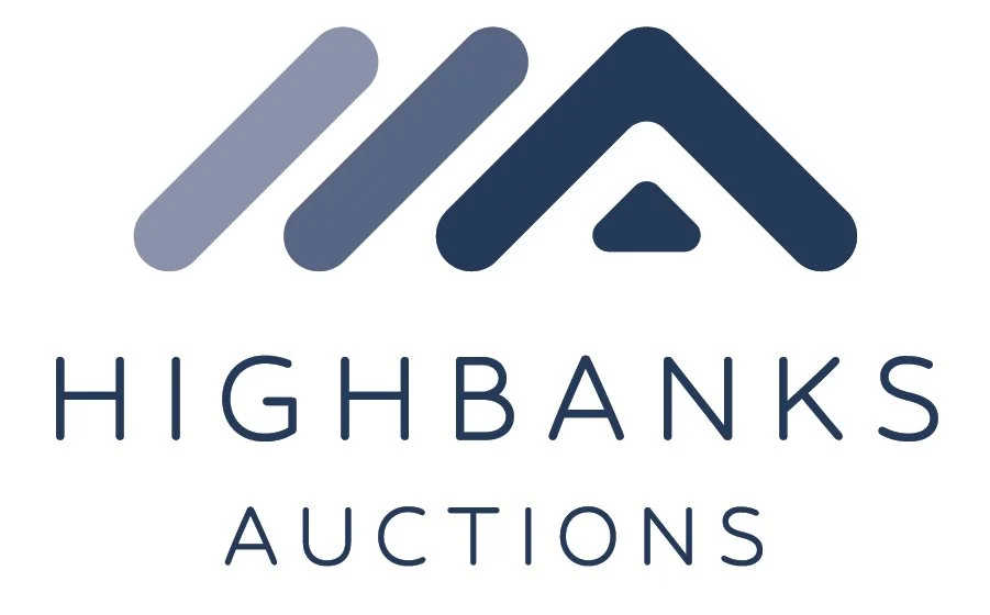Highbanks Auctions logo with stylized mountain peaks above the text.