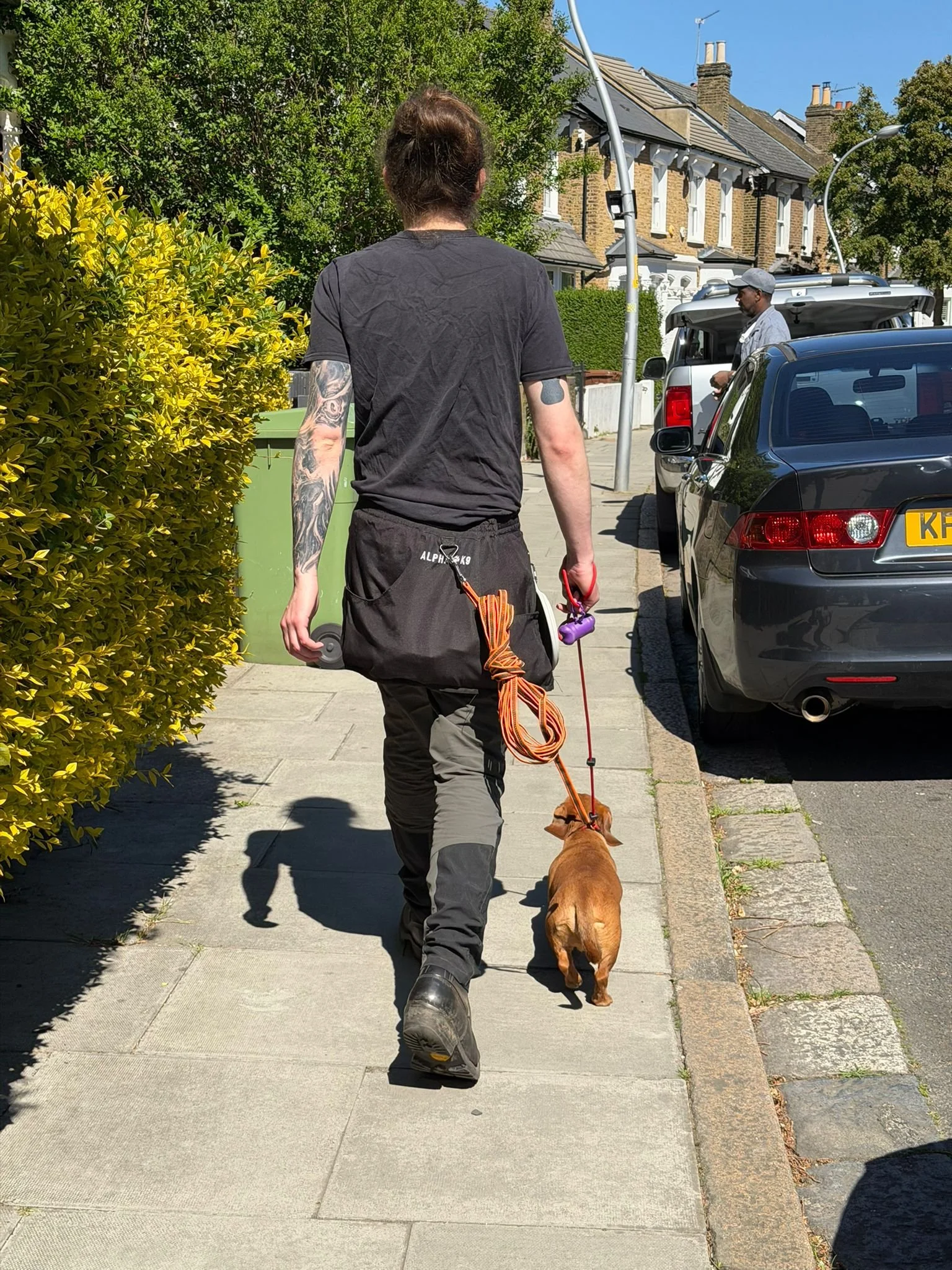 A person walking a small brown dog on a leash on a sidewalk. The person is wearing a black shirt and gray pants. The person has tattoos on their left arm and is carrying a purple item and an orange leash. In the background, a man in a gray cap stands near a silver vehicle, with houses and trees visible on a sunny day.