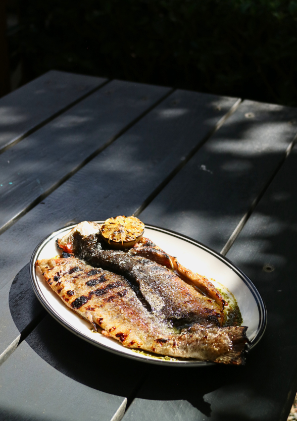 Grilled fish with a lemon slice on top on a white plate with black trim, placed on a wooden outdoor table with shadows and greenery in the background.