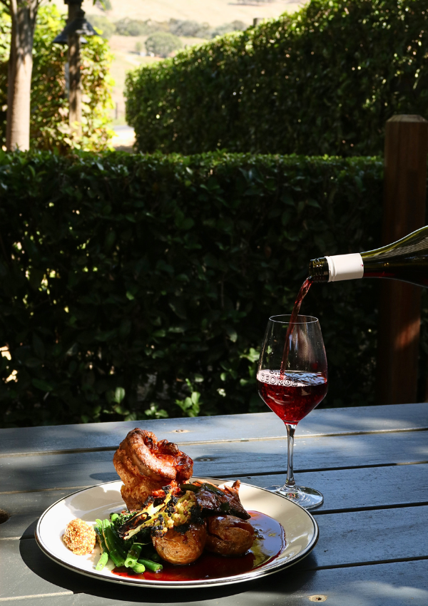 A dinner plate with a roast dinner, with a glass of red wine being poured from a bottle outside on a patio with green shrubs and trees in the background.