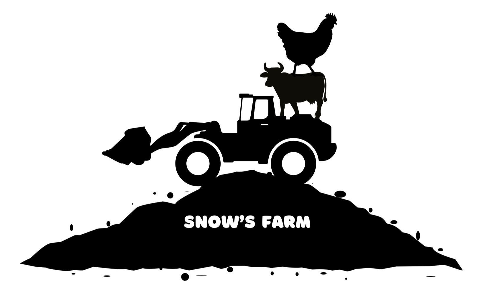Silhouette of a farm scene with a tractor on a small hill, two animals on top of the tractor (a chicken and a cow), and the words "SNOW'S FARM" at the bottom of the hill.