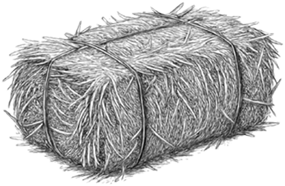 A detailed black and white illustration of a cylindrical hay bale wrapped with twine.