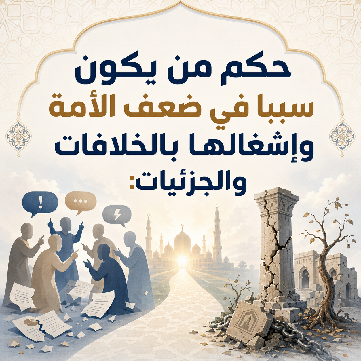 حكمُ مَن يكونُ سببًا في ضَعفِ الأُمَّةِ وإشغالِها بالخلافاتِ والجزئيَّاتِ: