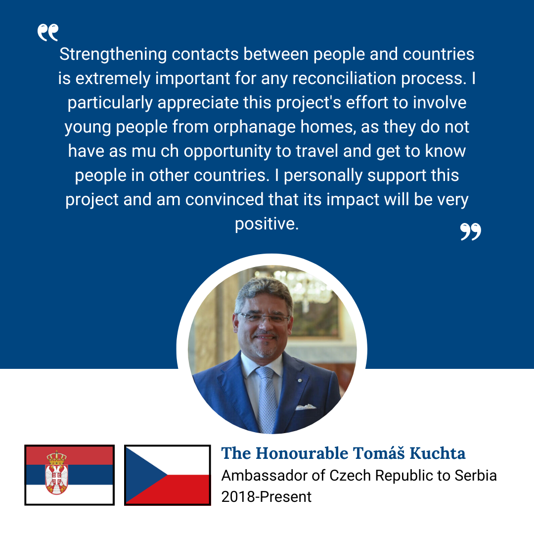 Quote about strengthening contacts between people and countries, with a photo of The Honourable Tomáš Kuchta, ambassador of Czech Republic to Serbia, wearing glasses and a blue suit, smiling. Flags of Serbia and Czech Republic are at the bottom.