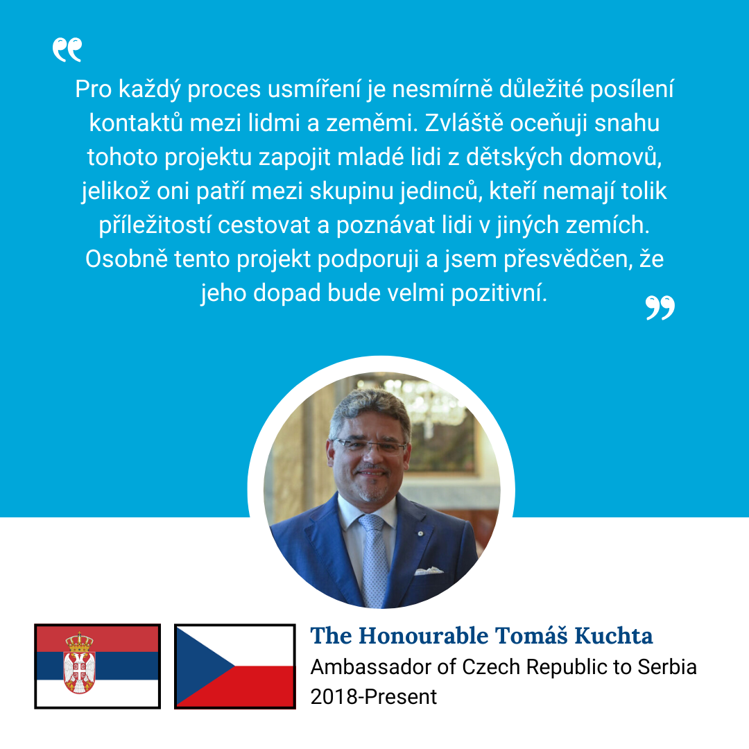 A quote in Czech about the importance of fostering contact between people and countries, supporting youth involvement, and the positive impact of such projects, combined with a professional photo of Tomáš Kuchta, the ambassador of the Czech Republic to Serbia, and flags of Serbia and the Czech Republic.