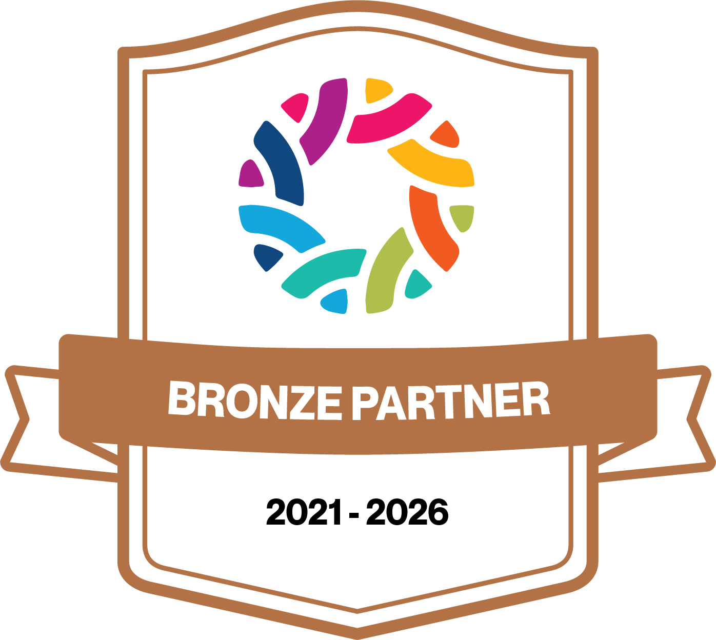 A badge with a brown outline and ribbon that says 'BRONZE PARTNER'. In the center, there is a colorful circular design made of irregular, multicolored shapes on a black background.