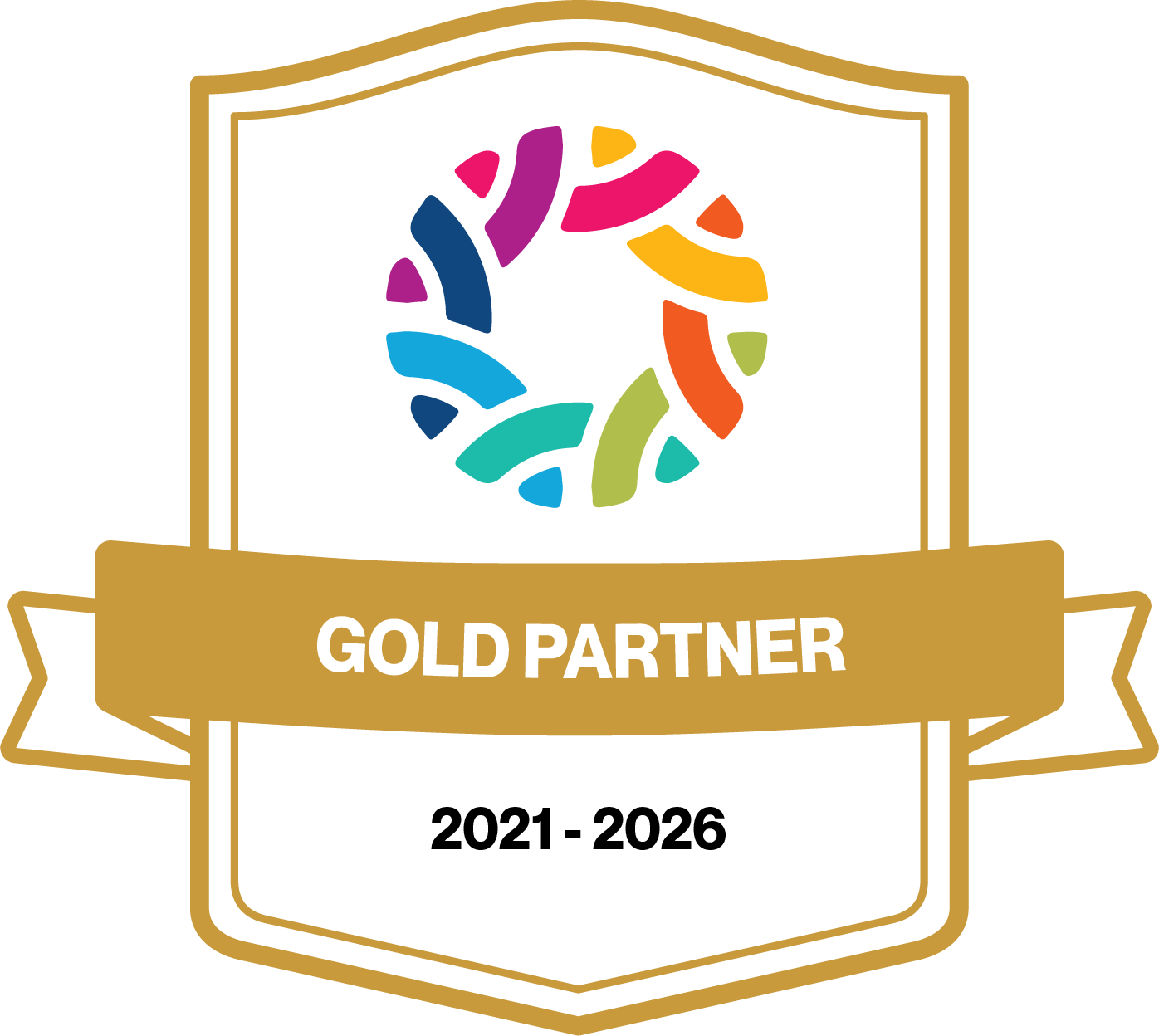 A badge with a black background and gold borders. Inside, there is a colorful circular design made of irregular shapes. Below, a gold ribbon with white text reads 'GOLD PARTNER'.