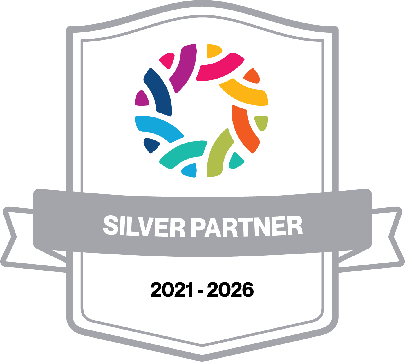 Badge with a colorful circular design and the text "SILVER PARTNER" on a gray ribbon.