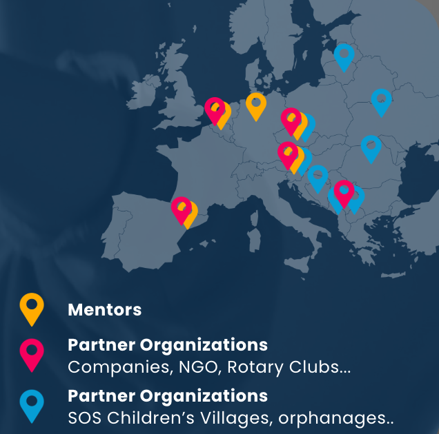 Map of Europe with colored location pins indicating different types of partner organizations, mentor centers, and partner organizations like SOS Children's Villages and Rotary Clubs across the continent.
