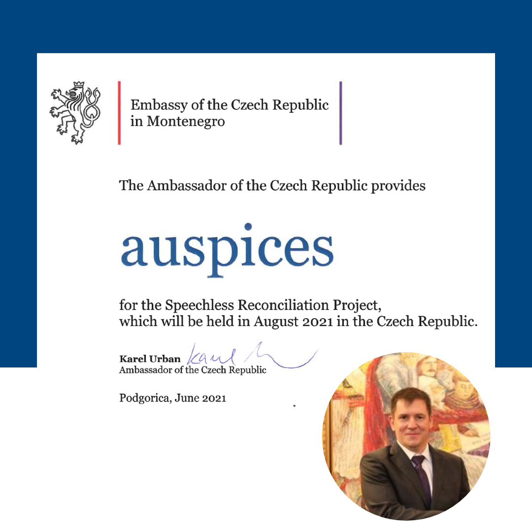 Certificate of appreciation from the Embassy of the Czech Republic in Montenegro awarded to a person associated with the Speechless Reconciliation Project, signed by Karel Urban, with a portrait of a man in a suit at the bottom right.