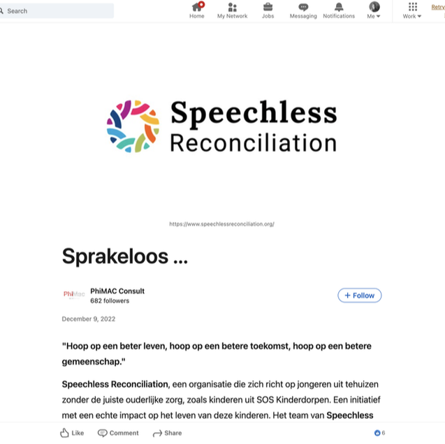 Logo of Speechless Reconciliation with colorful circular design and text promoting the organization, including a quote in Dutch and a website link.