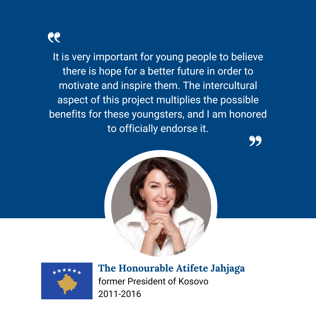 Quote from The Honourable Atifete Jahjaga, former President of Kosovo, with her portrait and the Kosovo flag, emphasizing hope and intercultural benefits for youth.