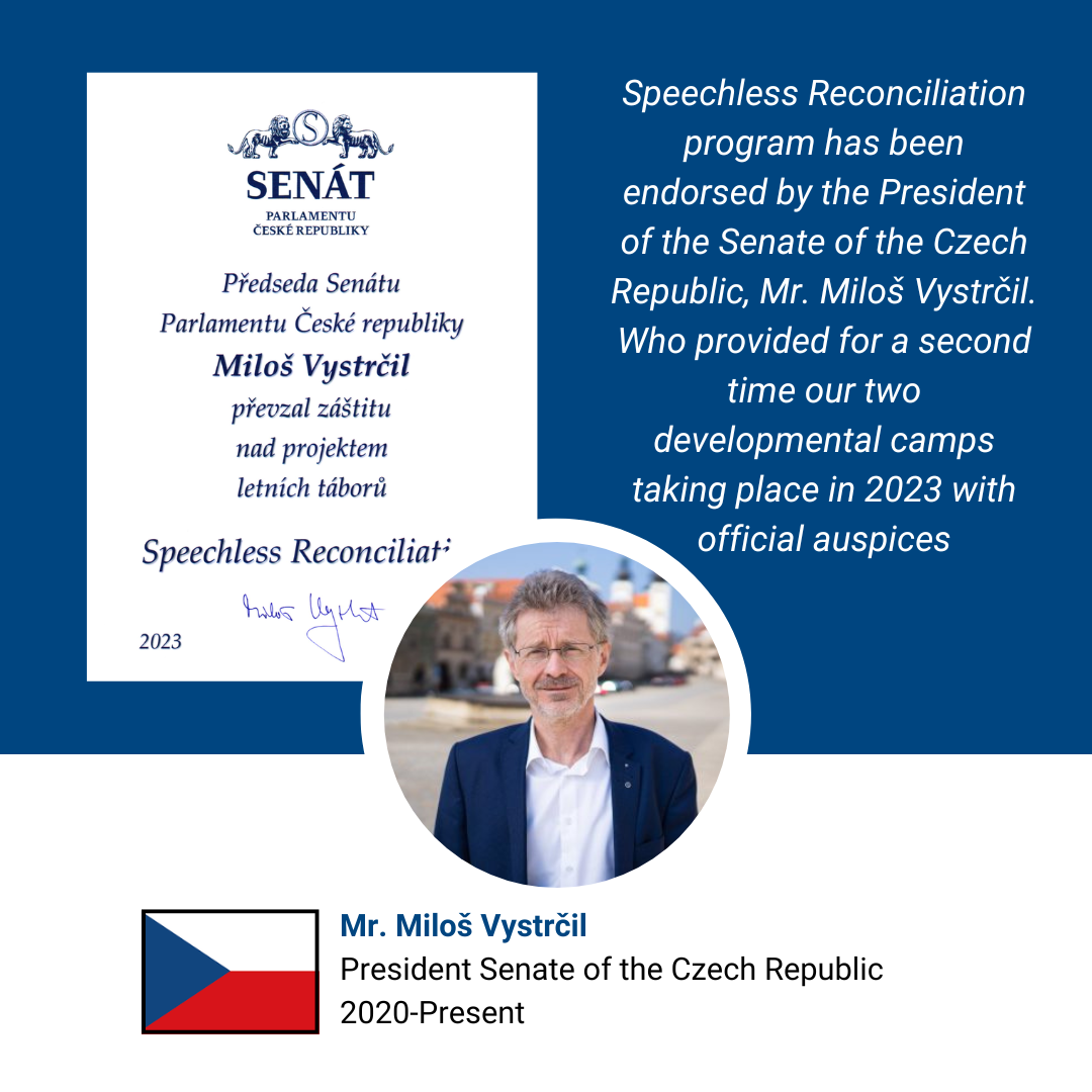 Certificate of acknowledgement from the Czech Senate for Mr. Miloš Vystrčil, recognizing his support for the Speechless Reconciliation program in 2023, with a portrait of Mr. Vystrčil and the Czech flag.