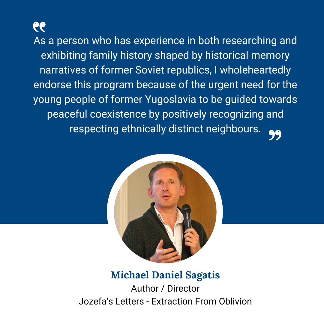 Quote by Michael Daniel Sagatis endorsing a program for young people of former Yugoslavia to promote peaceful coexistence, with his photo and biography included.
