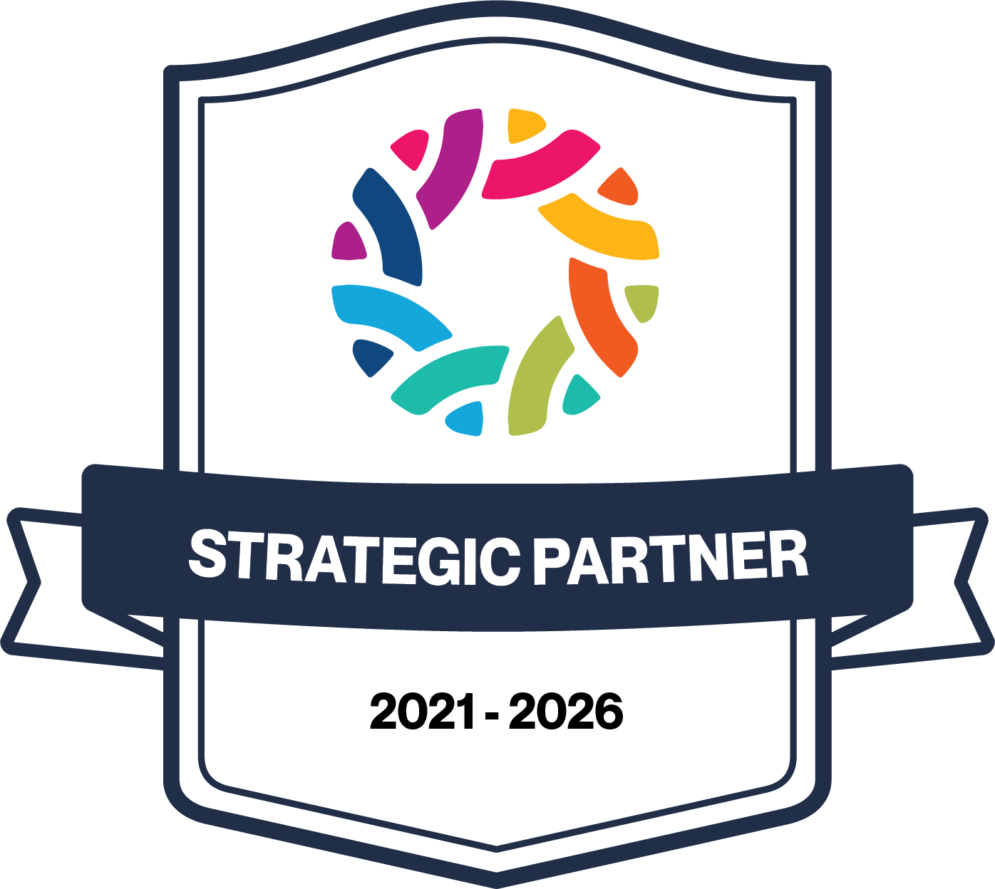 A badge with a colorful circular abstract design and a navy blue ribbon that says 'Strategic Partner'.