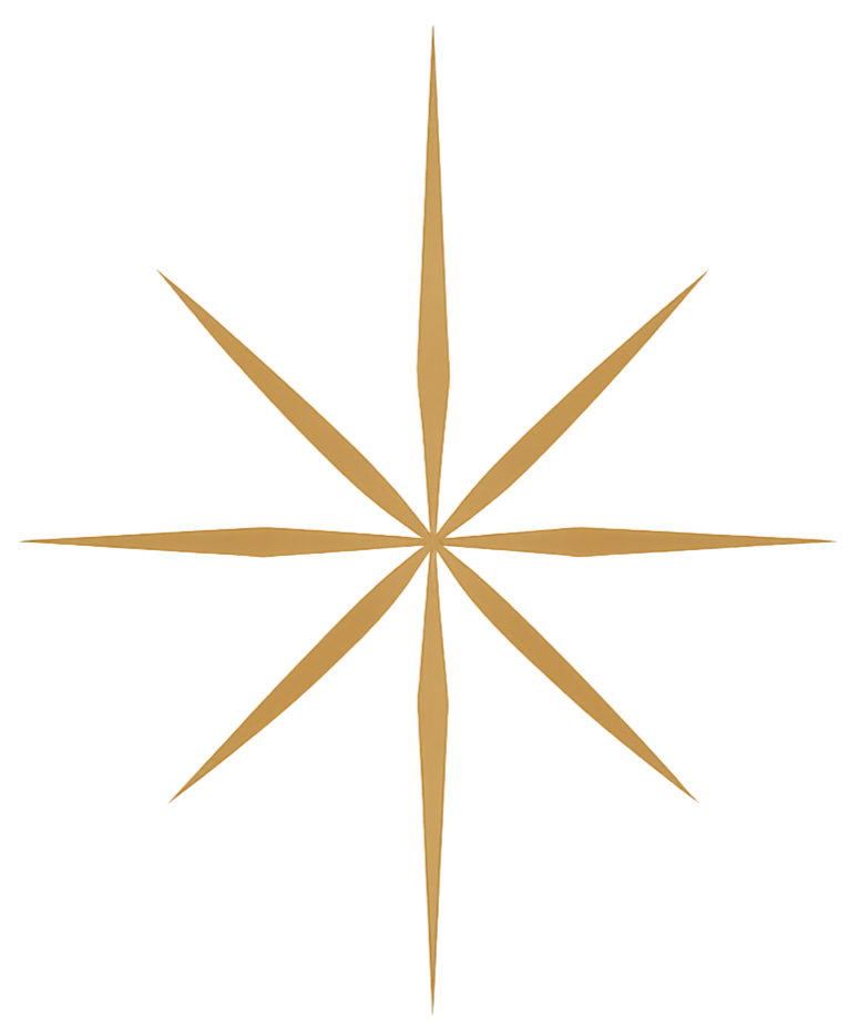 A gold-colored, eight-pointed star-shaped decorative object with elongated spikes.