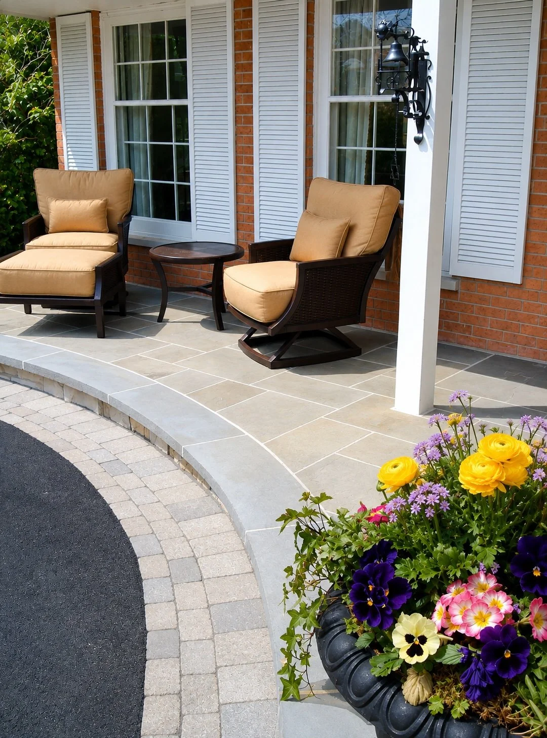 A porch with two cushioned chairs, a small round table, white window shutters, a hanging black metal decoration, a flower arrangement with yellow, purple, pink, and cream flowers, and part of a curved driveway with a stone border.