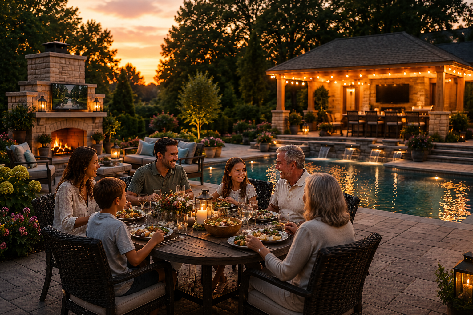 Family enjoying dinner outdoors by a pool during sunset